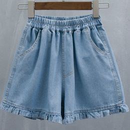 Pantalon court pour la femme pour porter des shorts pour femmes de taille élastique en denim à mi-longueur kawaii jean à volants mignons bermuda mi-extérieur 240510