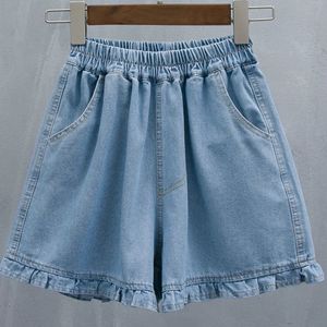 Korte broek voor de vrouw om elastische taille dames te dragen Shorts Shorts Denim Middelste lengte Kawaii Cute Ruffle knie jeans Bermuda Half Outdoor 240510