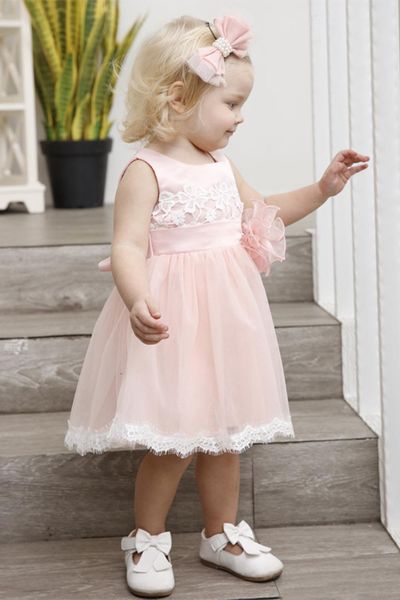 Robe courte à fleurs rose pour filles, pour fête de mariage, avec ceinture à fleurs faite à la main, longueur thé, robe d'anniversaire pour bébé, robes de sainte Communion