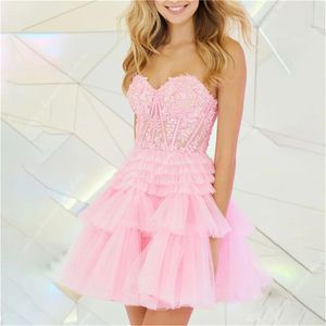 Korte roze tule gelaagde homecoming-jurken appliques baljurk grote maten liefje afstuderen dresse feest bal formele jurk hc10