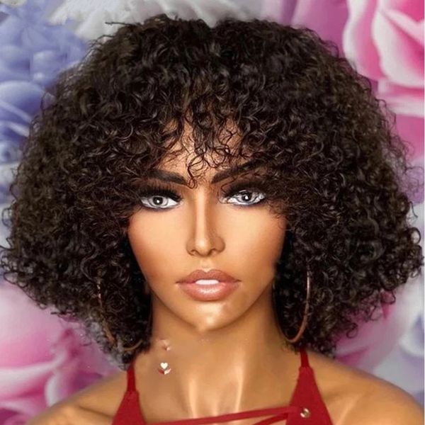 Curto pixie bob corte perucas de cabelo humano com franja não peruca dianteira do laço jerry encaracolado natural couro cabeludo macio perucas para mulher textura exatamente pic mais vendido