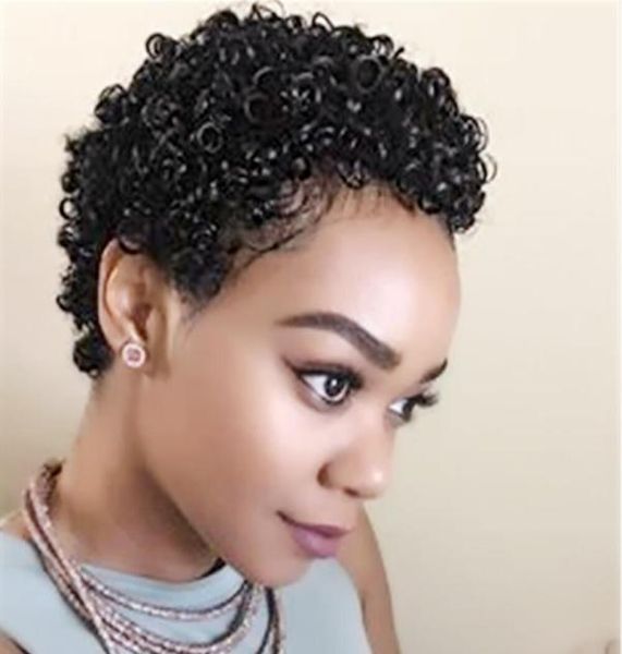 Pelucas de cabello humano corto Pixie Curl para mujeres negras Virgen brasileña Afro Kinky Rizado Ninguno Peluca de encaje 9451848