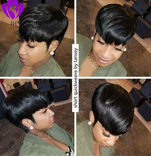 Coiffure courte coupe lutin pour les femmes noires perruques de cheveux humains avant de dentelle pré-plumées avec frange droite brésilienne Bob perruque 9728615