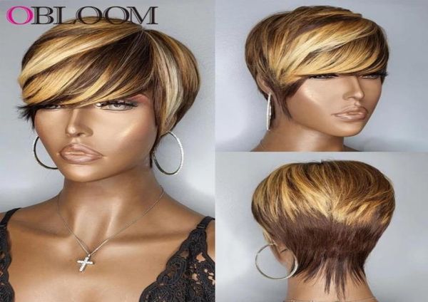 Pinice de pixie court coupé les perruques de cheveux humains péruviens avec frange ombre blonde 180 densité aucune perruque avant en dentelle sans glu pour femmes noires8829498