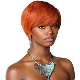 Short Pixie Cut Wigs 350# Human Hair Wigs with Bangs Ombre Pixie Wigs for Black Women Natural Straight Gluless Wigs Female Hairstyles