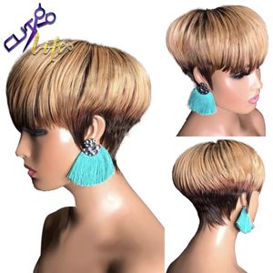 Korte pixie rechte bob t1b/33/27 Human Hair Wig Ombre Brown geen kanten pruiken met pony Braziliaans Remy Hair voor zwarte vrouwen