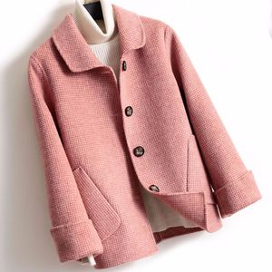 Court Plaid Double laine manteau femmes arrivée simple boutonnage col rabattu veste d'hiver mode casaco feminino 201102