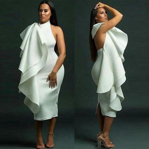 Robes de bal courtes grande taille col haut volants en cascade thé longueur dos fendu dos nu formel Cocktail vestidos280L