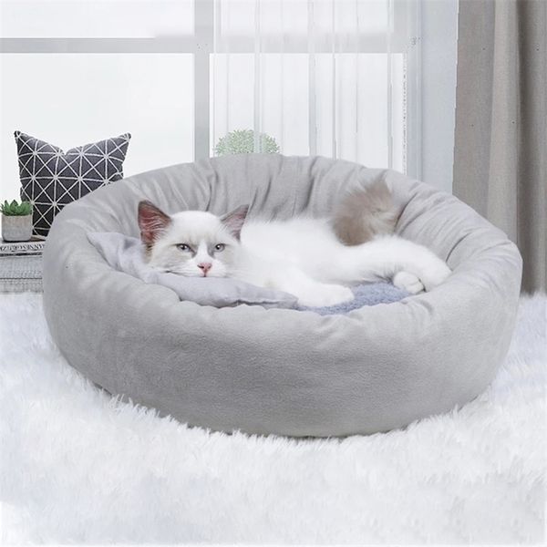 Lit de chat en peluche court rond pour s petit chien nid chaud pour animaux de compagnie avec oreiller chiot chenil canapé chaton grotte coussin accessoires 220323