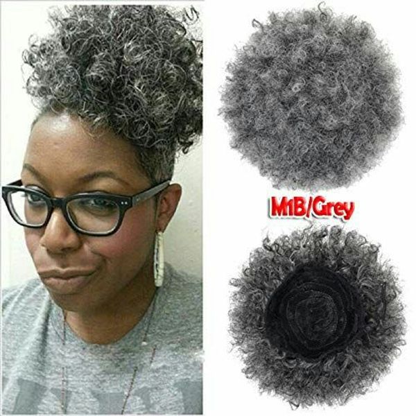 Corto Bastante Cordón Cola de caballo Cabello humano Plata gris cola de caballo Gris Rizado Afro Puff Cola de caballo Clip en gris plata 10 pulgadas