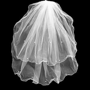 Courte vraie image Veaux de mariage 2 couches fleurs perlées blanches