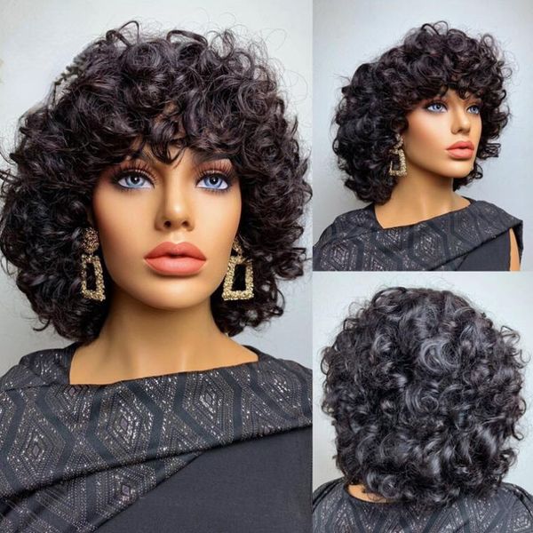 Court Rose Bouclés Simulation Cheveux Humains Bang Perruques Remy Cheveux Brésiliens Cuir Chevelu Top Full Lace Front Perruques pour Les Femmes Noires