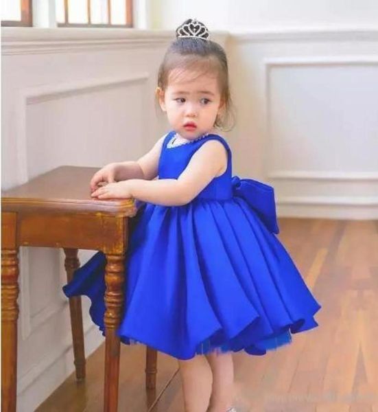 Vestidos cortos de cumpleaños para fiesta de niños pequeños en azul real, 2019, bonito vestido con lazo en la espalda hasta la rodilla para niñas, vestido para desfile 94239369501043