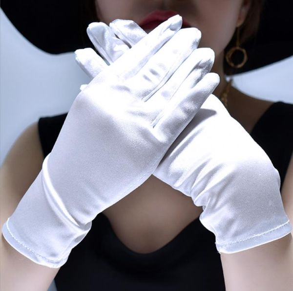 Guantes cortos de satén Ópera Banquete Longitud de la muñeca Guante Accesorios de disfraces Boda Vestido de novia Guantes formales para artículos de fiesta Negro Blanco Rojo