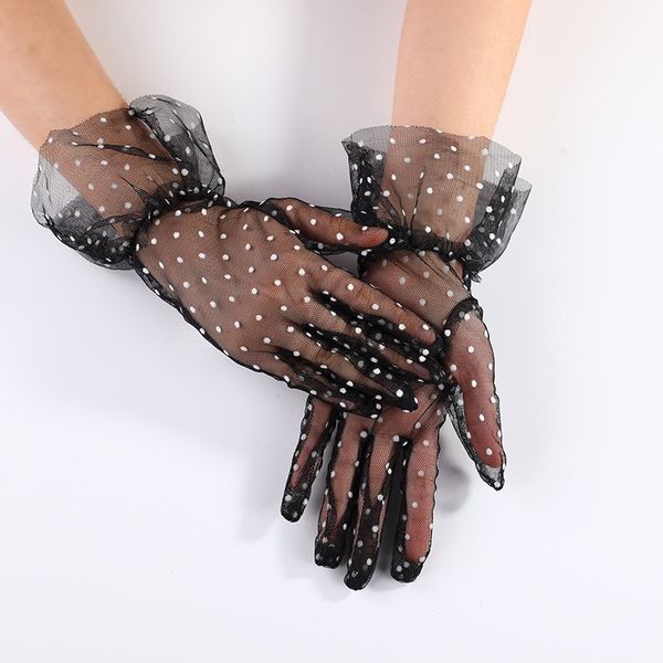 Guantes cortos de tul transparente, guantes para vestido de novia de boda, guantes transparentes de punto blanco y negro para mujer