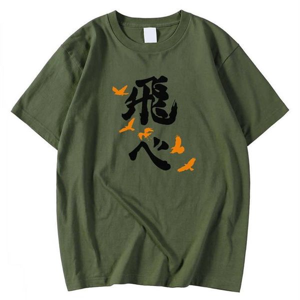 T-Shirt à manches courtes pour hommes, décontracté, surdimensionné, avec dessin animé japonais Haikyuu Fly imprimé, col rond, printemps et été, 182H