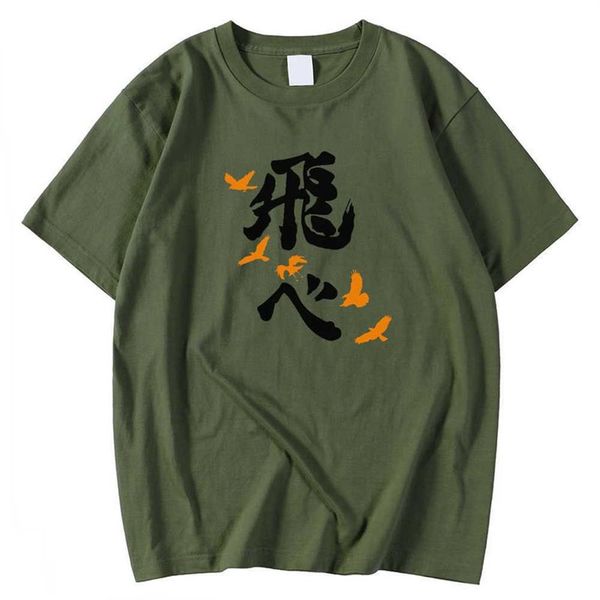 T-Shirt manches courtes col rond pour homme, décontracté, surdimensionné, dessin animé japonais Haikyuu Fly imprimé, printemps été, 216e