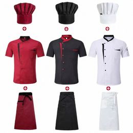 Conjunto de chaqueta de chef de manga corta, uniforme de trabajo de cocina de hotel, camisas de cocina para restaurante, sombrero y abril P1Na #