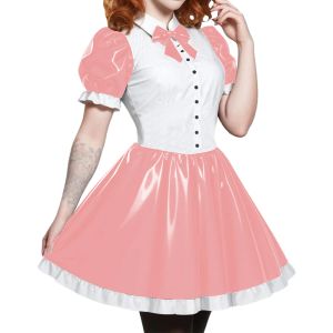 Korte mouw cosplay Student Mini Dress PVC Turn Down Collar met boog preppy stijl uniformen A-lijnjurk met voorste knoppen 7xl