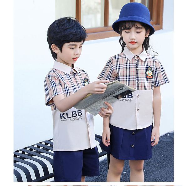 Camisa de verano de algodón de manga corta, logotipo personalizado, conjuntos de uniformes personalizados OEM, conjunto de estudiantes de escuela internacional para niñas y niños