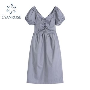 Korte mouwen gedrapeerde blauwe jurk vrouwen zomer v-hals Koreaanse retro jurken temperament vintage chic buttons losse lange jurks 210430