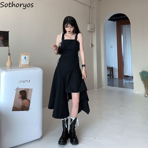 Robe asymétrique à manches courtes pour femmes, tenue élégante sans manches, bretelles réglables, écharpe, vêtements de rue pour filles, mode Empire Ulzzang