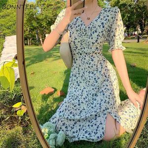 Korte mouwen jurk vrouwen printing v-hals zomer chiffon dames leisure streetwear retro ulzzang mode vintage schattige vakantie ins y1006