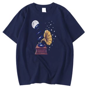 Korte Mouw Mode Mannen Tee Shirts Crewneck Casual T-shirts Moon Music Phonograph Druk Tops Zomer Ademend Tshirts Mens Y0809