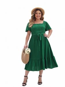 Robe à manches courtes Dres Plus Taille élégante dame taille haute tenues plissées vert foncé volants solide midi soirée soirée Dres t2m3 #