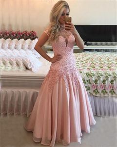 Manga curta alta pescoço aberto sem costas blush encantador longo sereia vestidos de baile rosa vestidos de festa à noite feito sob encomenda