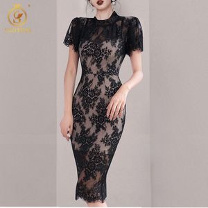 Robe d'été en dentelle à manches courtes Robe femmes col montant taille haute taille genou longueur élégante évider sexy robes 210520