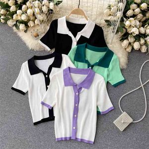 Korte mouw polo shirt vrouwen mode zomer knoppen brei cardigan crop top kleur match slanke stretch casual dames toppen 210603