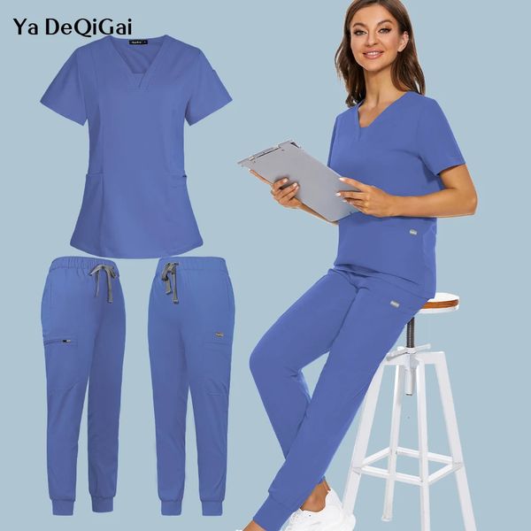 Sclus à manches courtes Top avec pantalon de poche Uniformes Uniforms Docteur chirurgie Salle Spa Outwear Beauty Salon Workwear 240418