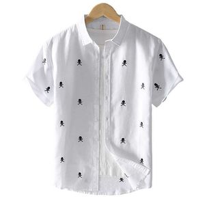 Korte mouwen shirts voor mannen mode zomer katoen linnen ademend tops mannelijke schedel afdrukken casual wit Koreaanse kleding 210601