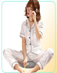 Pajama de seda de manga corta Mujeres de primavera Pajama de verano Sets Silk Pijama Sleepwear Pajamas Plus Size 3xl 4xl 5xl 85 kg de ropa de noche Y9390173