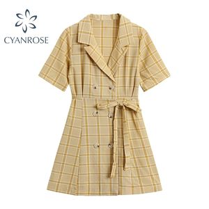 Korte mouw zomer gewas jurk vrouwen plaid print vintage Koreaanse dubbele breasted mini frcoks of vestidos bandage slanke vrouw 210515