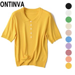 Korte mouw zomer geel gebreide tops jumpers knitwear shirts met kraag stijl herfst mode elastische witte groene trui 210527