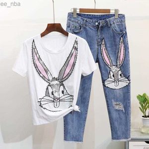 Korte mouw T-shirt Tops Hole denim broek mode vrouwen set diamanten pailletten cartoon 2pcs vrouwelijke jeans pakken