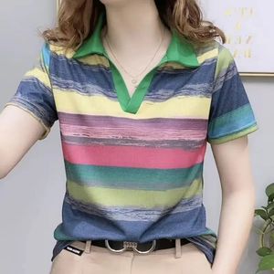 T-shirt à manches courtes pour femmes, Polo à rayures arc-en-ciel, confortable, pull de loisirs, vêtements féminins, hauts d'été, 240308