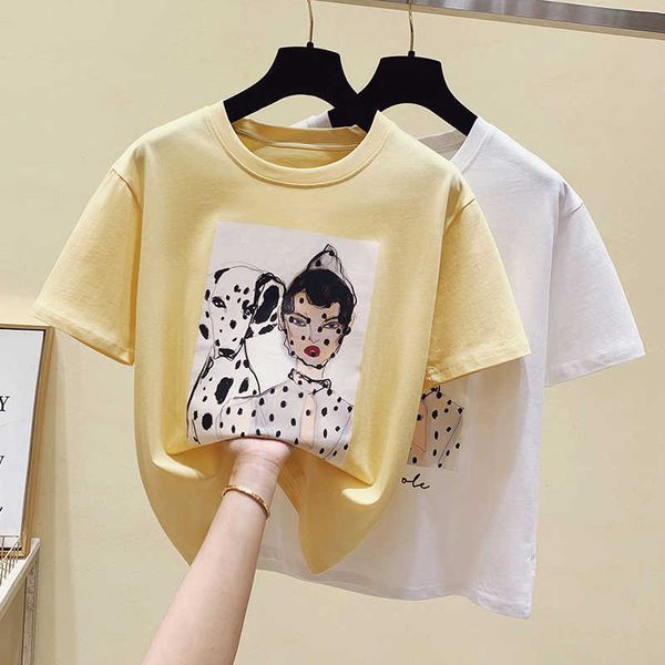 T-shirt à manches courtes Femmes Kawaii Vêtements blancs Tops d'été Femme T-shirts Dessin animé Chien Tee-shirt Mode coréenne Jaune 210604