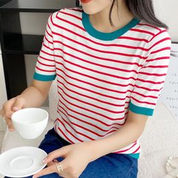 T-shirts à manches courtes femmes rayé basique Chic Simple Allmatch Harajuku rétro coton Oneck tendance ample loisirs confortable femmes 240401