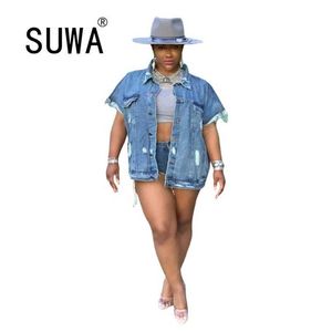 Veste en jean à col rabattu à manches courtes pour femmes Mode simple boutonnage ample Maxi Manteau Hip Hop Casual Plus Size Vêtements d'extérieur 210525