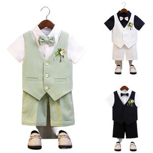 Korte mouw vest set jongens hosten spraak piano wandelprestaties kostuum (shirt + vest + shorts + bowtie + corsage)
