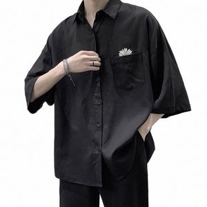 Shirt met korte mouwen heren zomer madeliefjeborduurwerk Gotisch zwart shirt losse Grunge Hg Kg stijl Japan hiphop knappe blouse s9Fb #