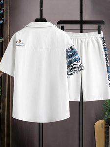 Shirt Set Set Mens Summer Trendy Design Patchwork Printed Casual Sports Shorts Set Mens