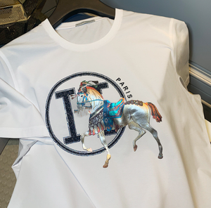 T-shirt manches courtes homme cheval de guerre lettre coton mercerisé à la mode blanc manches mi-longues mode