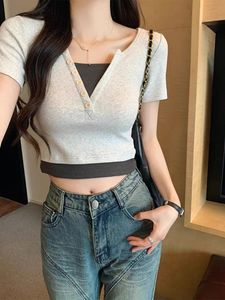 T-shirt met korte mouwen dames zomer Amerikaan retro nep tweedelig positieve schouder kleine mensen slanke gelaagde Koreaanse tops