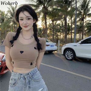 T-shirt met korte mouwen vrouwen zomer o hals hoge taille slim fit crop tops casual zoete schattige witte mode tshirts 210519