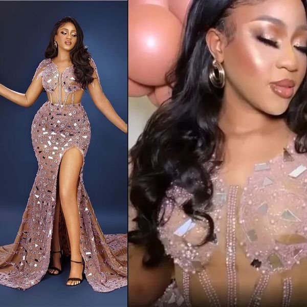 Mangas cortas Aso Ebi Vestidos de fiesta Tallas grandes Oro Africano Cuello alto Cariño Con cuentas Lentejuelas Plisado Vestido de noche de sirena drapeado Vestidos de fiesta de segunda recepción