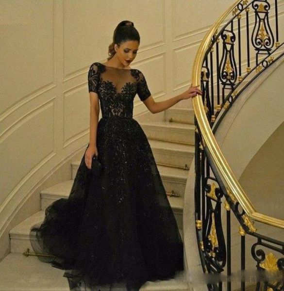 Mangas cortas Black Elie Saab Prom Vestidos de diario inframental con cuentas brillantes Longitud completa vestidos de tul de tul de la noche